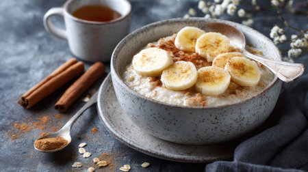 A warm and inviting bowl of oatmeal topped with fresh banana slices and a sprinkle of cinnamon, served with a cup of tea in a rustic setting, illustrating a healthy breakfast option.の素材