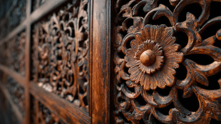 This captivating image features a close-up of an intricately carved wooden panel, showcasing stunning floral patterns and rich textures. The artwork reflects traditional craftsmanship and timeless beauty, making it an ideal backdrop for various creative projects.の素材