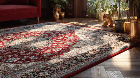 A stunning vintage Persian carpet features intricate floral patterns, adding warmth to a cozy interior space filled with plants and elegant furnishings.の素材