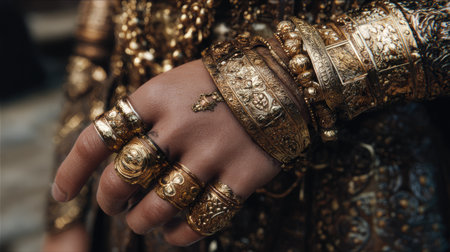 This close-up image features a stunning array of intricate gold rings and bangles adorning a hand. The rich textures and detailed craftsmanship highlight the elegance of luxury jewelry, perfect for fashion and accessory themes.の素材