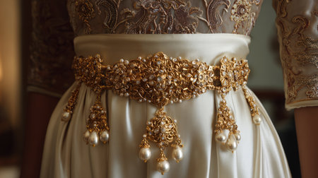 A close-up view of an elegant golden belt embellished with pearls, enhancing the beauty of a luxurious satin dress, perfect for bridal fashion.の素材