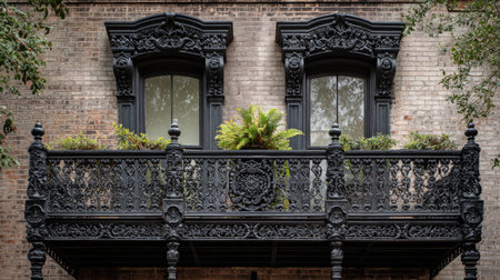 Elegant black iron balcony featuring intricate decorative details, lush greenery, and large windows in an urban setting, showcasing timeless architectural beauty.の素材