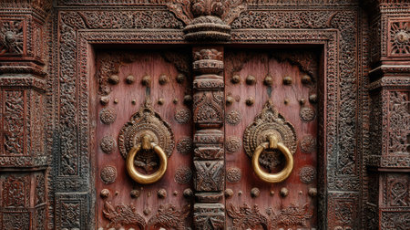 This image showcases an ornate wooden door adorned with intricate carvings and brass knockers, reflecting traditional craftsmanship and rich heritage.の素材