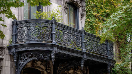 An exquisite black iron balcony adorned with intricate designs, surrounded by vibrant green foliage, adds grace to an urban architectural masterpiece.の素材