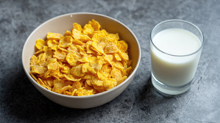 A vibrant bowl filled with crunchy corn flakes paired with a glass of milk, sitting on a smooth gray marble surface, ideal for a wholesome breakfast.の素材