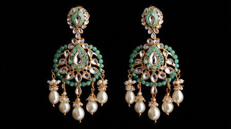Stunning pair of earrings featuring intricate design with green gemstones and pearl drops, perfect for enhancing any jewelry collection or occasion.の素材