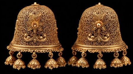 This stunning pair of gold bell-shaped ornaments showcases exquisite filigree design and charming tassels, perfect for adding elegance to any collection.の素材