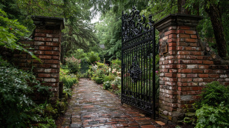 A captivating garden entrance featuring a beautifully crafted wrought iron gate, flanked by brick pillars. Lush greenery and colorful flowers create a serene atmosphere that invites tranquility and exploration. Perfect for nature lovers and garden enthusiasts.の素材