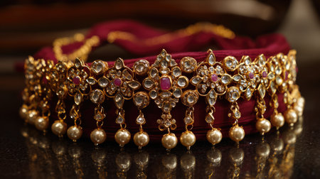 This captivating traditional Indian necklace features intricate designs adorned with colorful gems and elegant pearls, showcasing exceptional craftsmanship and beauty.の素材