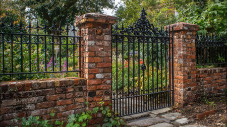 This image captures a charming Victorian garden gate framed by rustic brick pillars, surrounded by vibrant greenery and colorful flowers, evoking serenity.の素材