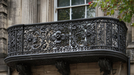 This image showcases a beautifully crafted iron balcony featuring intricate floral designs, exuding elegance and architectural charm, ideal for enhancing any design project.の素材
