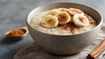 A comforting bowl of creamy oatmeal, garnished with fresh banana slices and a sprinkle of cinnamon, perfect for a nutritious breakfast or snack option.の素材