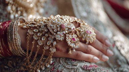 A close-up view of an ornate hand adorned with intricate golden jewelry featuring colorful stones, showcasing elegance in traditional attire and cultural beauty.の素材