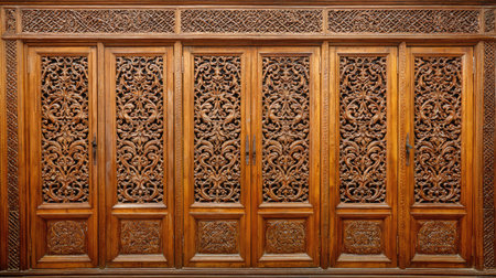 This image features a beautifully crafted wooden panel adorned with intricate carvings, showcasing traditional designs that enhance interior decor and architectural beauty.の素材