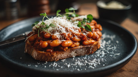 Delight in a delicious toasted bread slice topped with hearty beans, rich sauce, fresh herbs, and grated cheese, perfect for any meal or snack.の素材