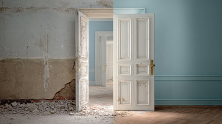 This image captures a striking transformation, showcasing an open door revealing two contrasting interior designsの素材