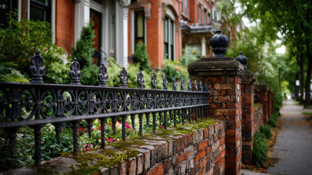 A picturesque view of a Victorian townhouse featuring an ornate iron fence, lush greenery, and colorful flowers along a charming urban sidewalk.の素材