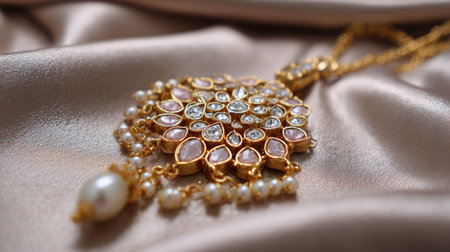 Close-up image of an exquisite gold pendant adorned with pearls and precious stones, set against a soft satin fabric, showcasing intricate craftsmanship and elegance.の素材
