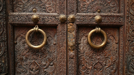 A stunning ornate wooden door featuring intricate carvings and decorative brass knockers, perfect for adding charm to any architectural design.の素材