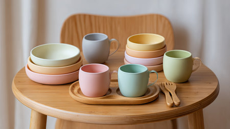A charming collection of soft pastel tableware arranged on a wooden table, showcasing cups, bowls, and simple utensils for a cozy dining experience.の素材