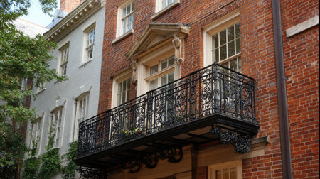 A delightful view of an urban balcony adorned with intricate ironwork, set against a classic brick facade. This charming architectural feature evokes history and elegance.の素材