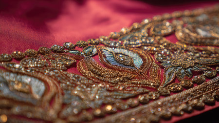 Explore the exquisite detail of this close-up shot featuring intricate embroidery on rich fabric, showcasing vibrant colors and breathtaking design elements.の素材