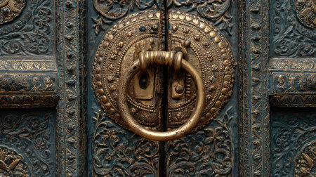 Close-up of an ornate antique door knob featuring intricate designs and textures on a weathered wooden door. A symbol of intricate craftsmanship and historical elegance.の素材