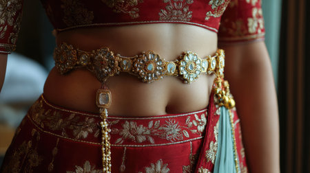 This stunning traditional Indian bridal attire features intricate embroidery and ornate jewelry, highlighting the beauty and richness of cultural heritage. The detailed craftsmanship and vibrant colors create an elegant look perfect for special celebrations.の素材