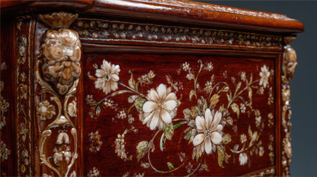 This exquisite wooden cabinet showcases intricate floral inlay design, highlighting superb craftsmanship and luxurious detail, perfect for vintage decor.の素材