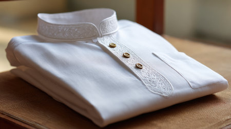 This image features an elegant white traditional shirt, showcasing intricate embroidery and golden buttons, folded neatly on a wooden surface. Ideal for fashion and lifestyle themes.の素材