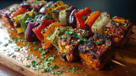Delight in beautifully grilled vegetable and paneer skewers, packed with vibrant colors and flavors, garnished with fresh herbs on a wooden platter.の素材