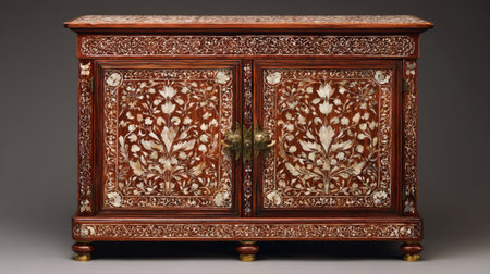 This stunning ornate wooden cabinet features intricate floral inlay and detailed craftsmanship, making it an exquisite addition to any interior decor.の素材