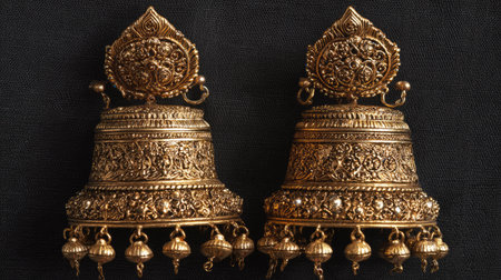 These elegant antique brass bells showcase intricate floral designs and fine craftsmanship, perfect for enhancing traditional decor and celebrating cultural heritage.の素材