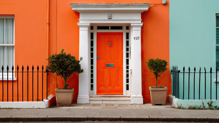 A striking orange door stands out against a vibrant wall, framed by white pillars and flanked by greenery, showcasing urban charm and inviting appeal.の素材