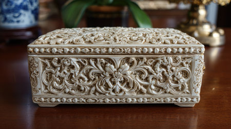 This image showcases an intricately carved decorative box with floral patterns, set on a wooden surface, highlighting exquisite craftsmanship and elegance.の素材