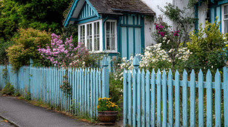 A picturesque blue cottage sits amid a vibrant garden filled with blooming flowers and lush greenery. The charming picket fence enhances the serene atmosphere.の素材
