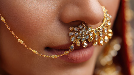 This close-up image highlights a stunning gold nose ring adorned with sparkling gems, showcasing intricate craftsmanship and cultural beauty in an elegant portrait.の素材