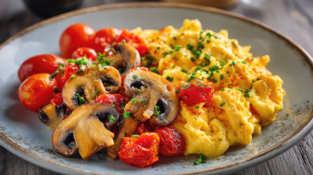 A delightful breakfast plate featuring creamy scrambled eggs alongside sautの素材