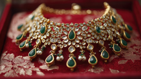 An exquisite traditional necklace featuring intricate design elements and vibrant gemstones set against a rich red fabric backdrop, perfect for showcasing elegance.の素材