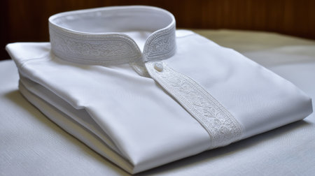 This image captures an elegant white traditional garment adorned with intricate embroidery, perfect for cultural celebrations and special occasions.の素材