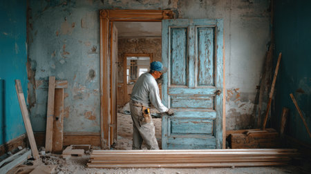 A craftsman carefully restores a vintage wooden door in an old, abandoned room. Dust particles float in the air, highlighting the artistry of renovation.の素材