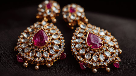 A pair of elegant ruby and diamond earrings is beautifully arranged on a dark velvet surface. The intricate design showcases the exquisite craftsmanship and luxury feel of fine jewelry.の素材