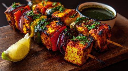 Savory grilled paneer skewers with vibrant bell peppers, onions, and herbs, served with a zesty green sauce on a rustic wooden platter. Perfect for gatherings!の素材