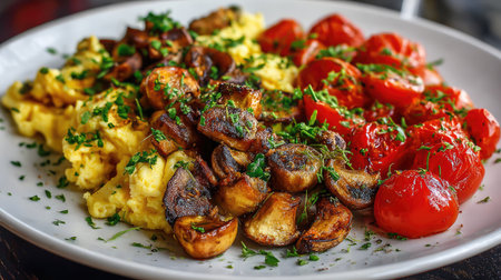 A vibrant breakfast plate featuring fluffy scrambled eggs, roasted mushrooms, and juicy cherry tomatoes, all beautifully garnished with fresh herbs.の素材