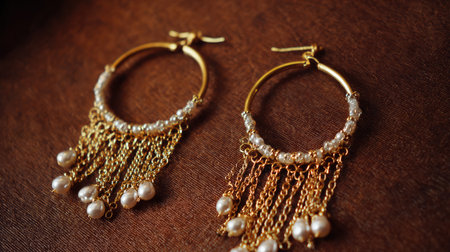 Stunning gold hoop earrings featuring delicate pearl drops and intricate chain embellishments. Perfect for enhancing any outfit with elegance and style.の素材