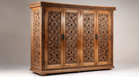 This elegant wooden cabinet features intricate carvings that enhance its vintage charm. Perfect for adding character to any interior space or showcasing treasured items.の素材