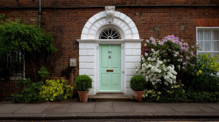This image showcases a charming vintage entrance featuring a mint green door with a flower-filled garden, creating an inviting and picturesque scene.の素材