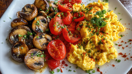 A beautifully plated breakfast featuring fluffy scrambled eggs, sautの素材