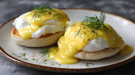 This image features a plate of poached eggs on toasted English muffins, topped with rich hollandaise sauce and garnished with fresh dill. Perfect for breakfast or brunch.の素材