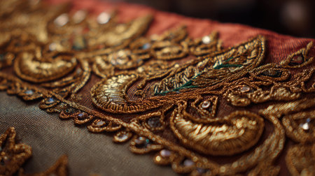 This image showcases a detailed close-up of exquisite embroidery featuring gold thread on a rich fabric background, highlighting artistry and craftsmanship.の素材